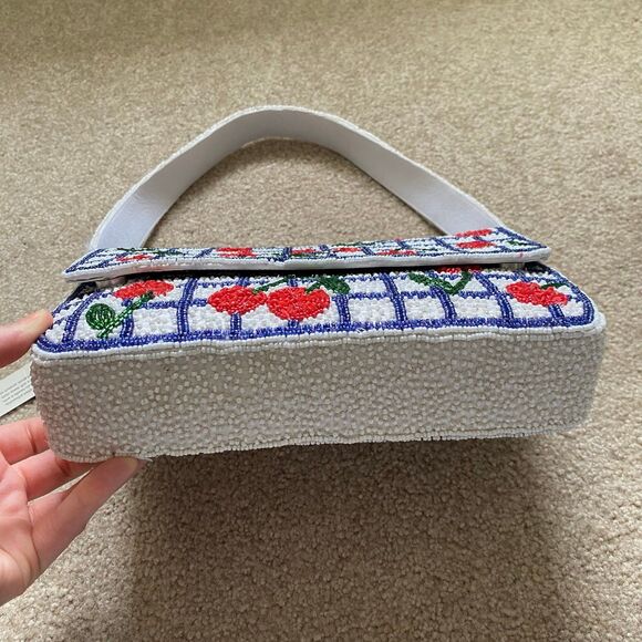 Viral Cherry Beaded Shoulder Bag NWT Navy White Red Green Summer Purse Vacation - Picture 10 of 12